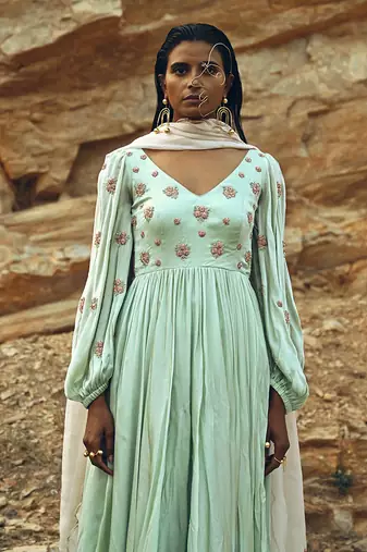 Mint Blue Balloon Sleeves Anarkali