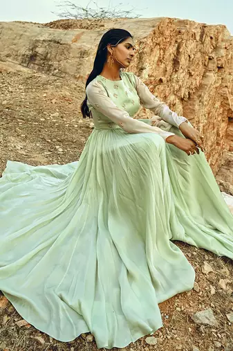 Mint Blue-Ivory Sleeves Anarkali