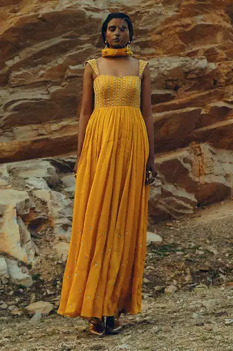 Mango Yellow Half Kali Chitta Anarkali