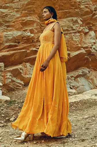 Mango Yellow Half Kali Chitta Anarkali