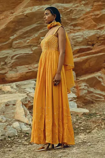 Mango Yellow Half Kali Chitta Anarkali