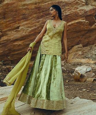 Pista Green Kurta Velvet Lehenga 1