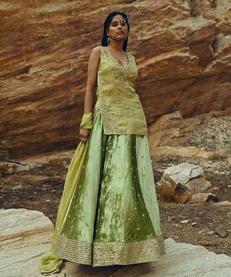 Pista Green Kurta Velvet Lehenga 2