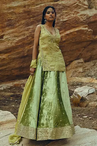 Pista Green Kurta Velvet Lehenga