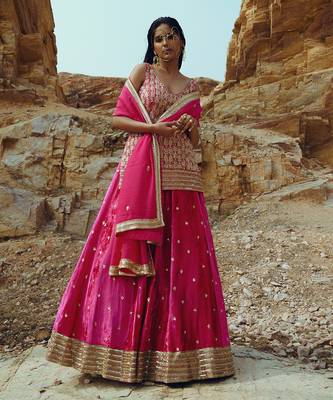 Rani Pink Velvet Kurta Lehenga 1