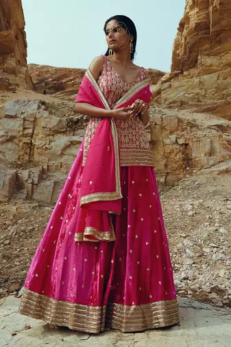 Rani Pink Velvet Kurta Lehenga