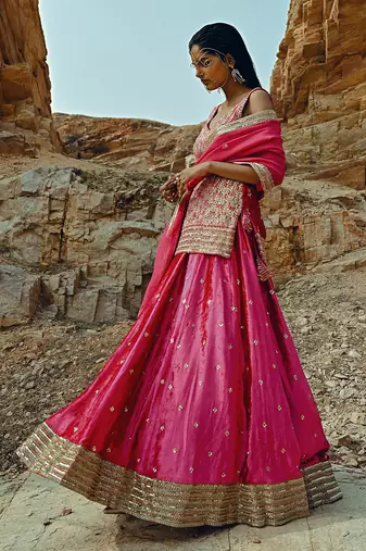 Rani Pink Velvet Kurta Lehenga