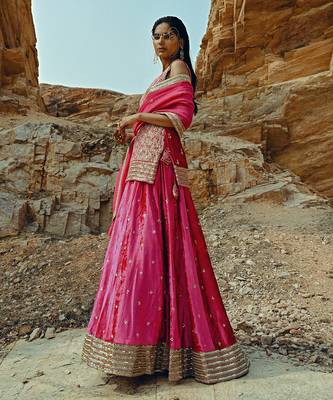 Rani Pink Velvet Kurta Lehenga 4