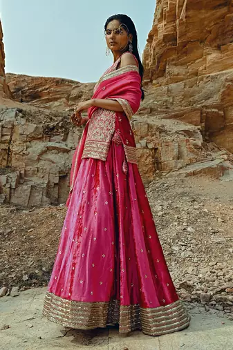 Rani Pink Velvet Kurta Lehenga