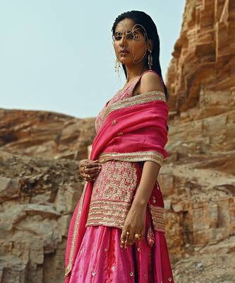 Rani Pink Velvet Kurta Lehenga 5