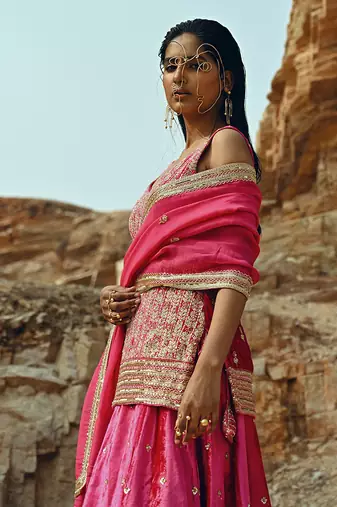 Rani Pink Velvet Kurta Lehenga