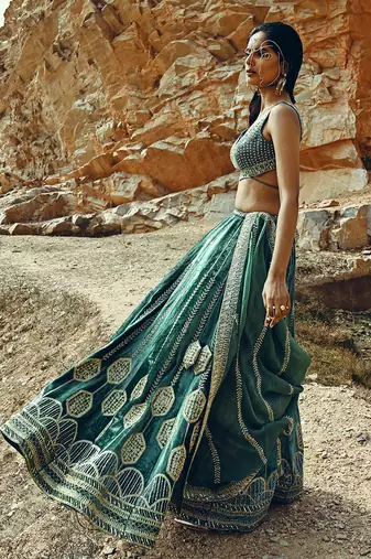 Turquoise Velvet Lehenga