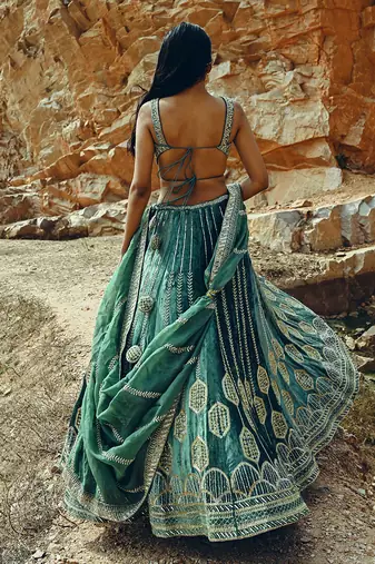 Turquoise Velvet Lehenga