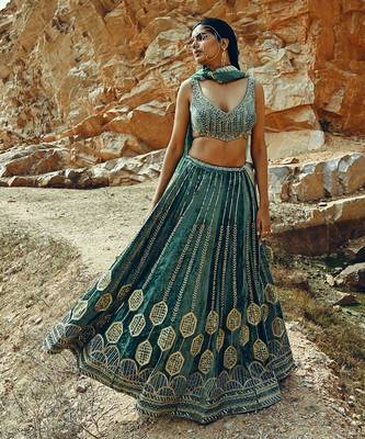 Turquoise Velvet Lehenga 4
