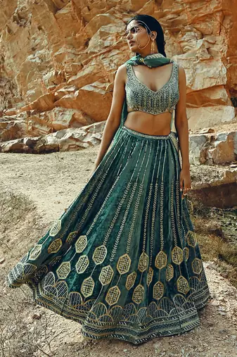 Turquoise Velvet Lehenga
