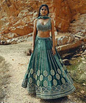 Turquoise Velvet Lehenga 1