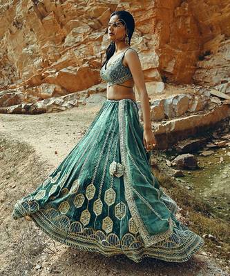 Turquoise Velvet Lehenga 5