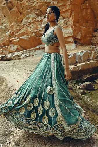 Turquoise Velvet Lehenga