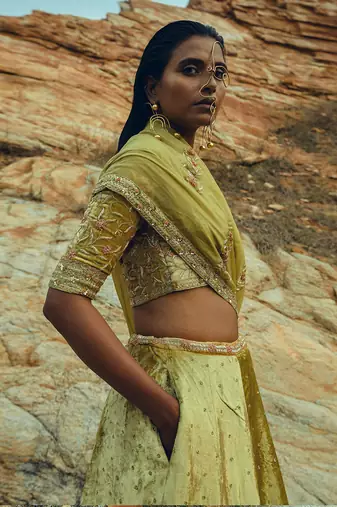 Golden Yellow Velvet Lehenga