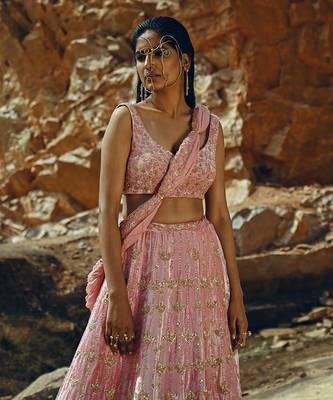 Baby Pink Full Kali Velvet Lehenga 5