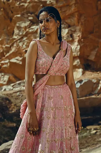 Baby Pink Full Kali Velvet Lehenga