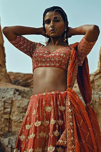 Rust Full Kali Velvet Lehenga