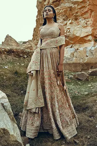 Beige Full Kali Velvet Lehenga
