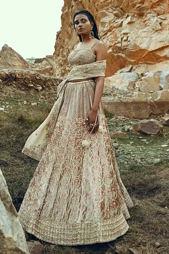Beige Full Kali Velvet Lehenga