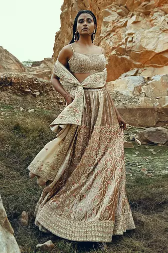 Beige Full Kali Velvet Lehenga