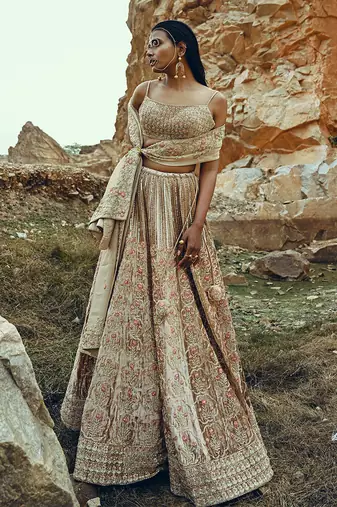 Beige Full Kali Velvet Lehenga