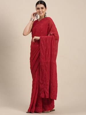 Red embroidered faux georgette saree with blouse 1