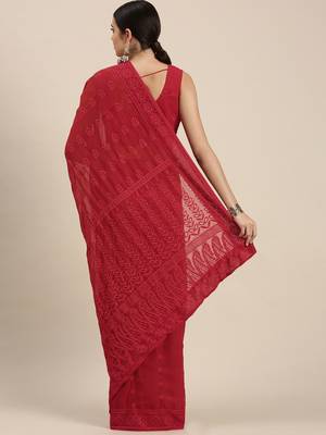 Red embroidered faux georgette saree with blouse 2