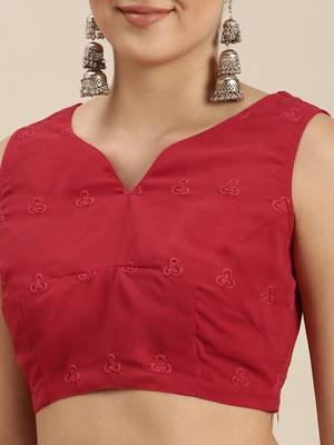 Red embroidered faux georgette saree with blouse 3