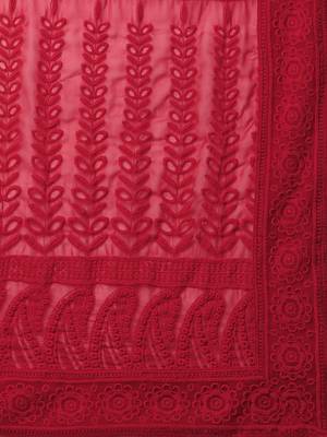 Red embroidered faux georgette saree with blouse 4
