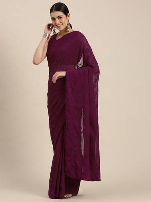 Purple embroidered faux georgette saree with blouse 1