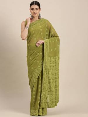 Green embroidered faux georgette saree with blouse 1