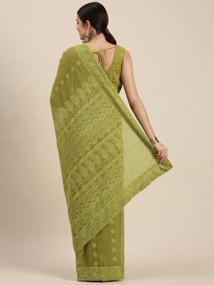 Green embroidered faux georgette saree with blouse 2