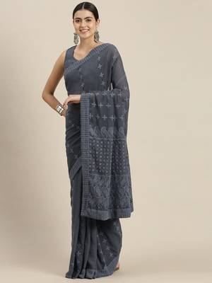 Grey embroidered faux georgette saree with blouse 1
