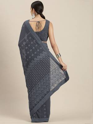 Grey embroidered faux georgette saree with blouse 2