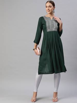 Dark-green embroidered cotton ethnic-kurtis 1