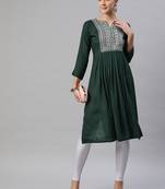 Dark-green embroidered cotton ethnic-kurtis