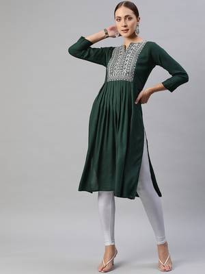 Dark-green embroidered cotton ethnic-kurtis 2