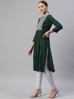 Dark-green embroidered cotton ethnic-kurtis 3
