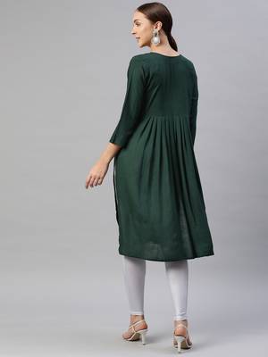 Dark-green embroidered cotton ethnic-kurtis 4