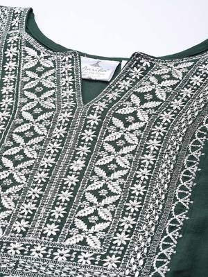 Dark-green embroidered cotton ethnic-kurtis 5