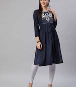 Navy-blue embroidered cotton ethnic-kurtis
