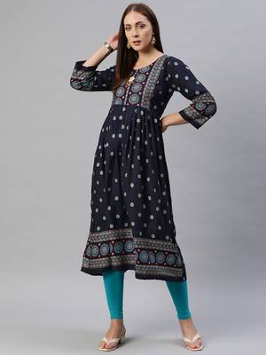 Navy-blue printed cotton ethnic-kurtis 1