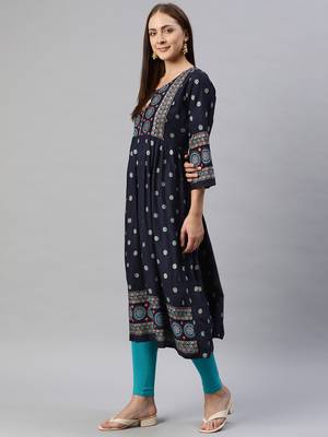 Navy-blue printed cotton ethnic-kurtis 3