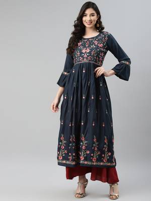 Navy-blue embroidered cotton ethnic-kurtis 1