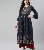Navy-blue embroidered cotton ethnic-kurtis